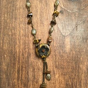Tigers Eye Flower Pendent Rhinestone Beaded Chain